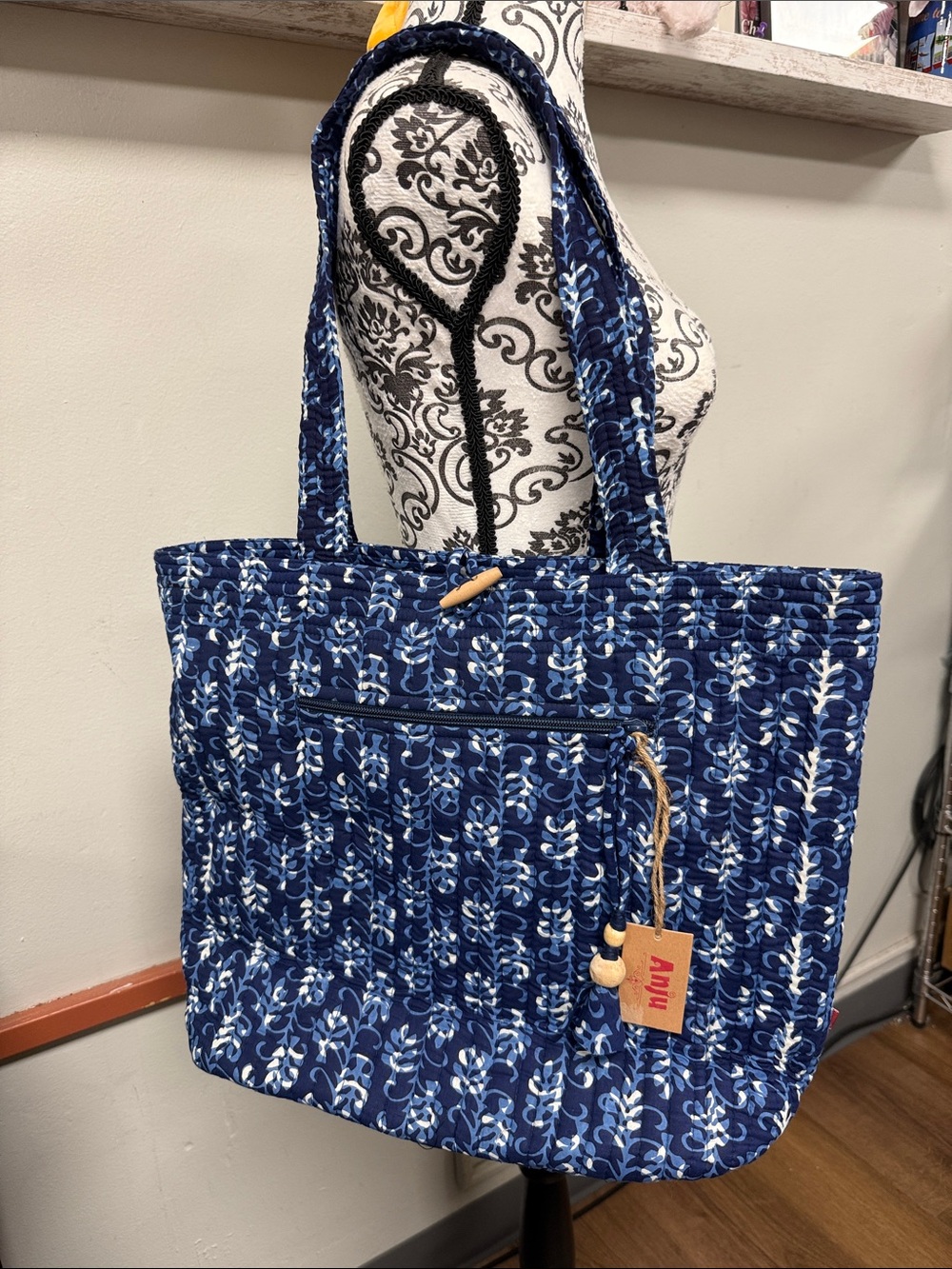 Blue Quilted Floral Tote Bag with Exterior Zip Pocket